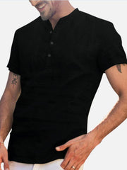 Men's Stand Collar Short Sleeve V Neck Cotton Linen Shirt - 808Lush