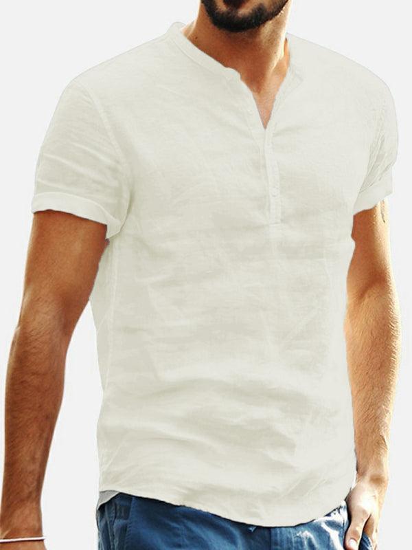 Men's Stand Collar Short Sleeve V Neck Cotton Linen Shirt - 808Lush