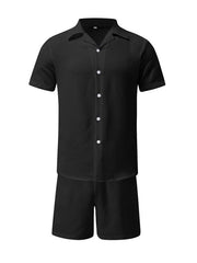 Men's Summer Lapel Cotton Linen Solid Color Short Sleeve Shorts Set - 808Lush