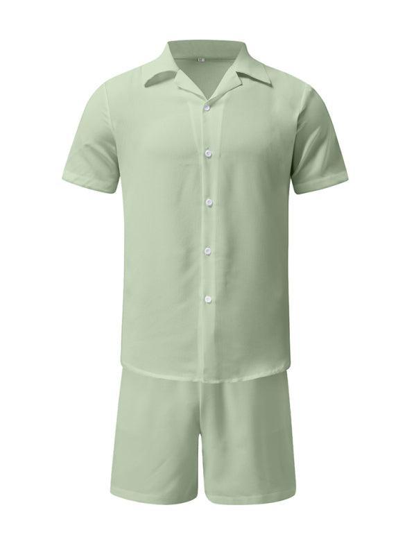 Men's Summer Lapel Cotton Linen Solid Color Short Sleeve Shorts Set - 808Lush