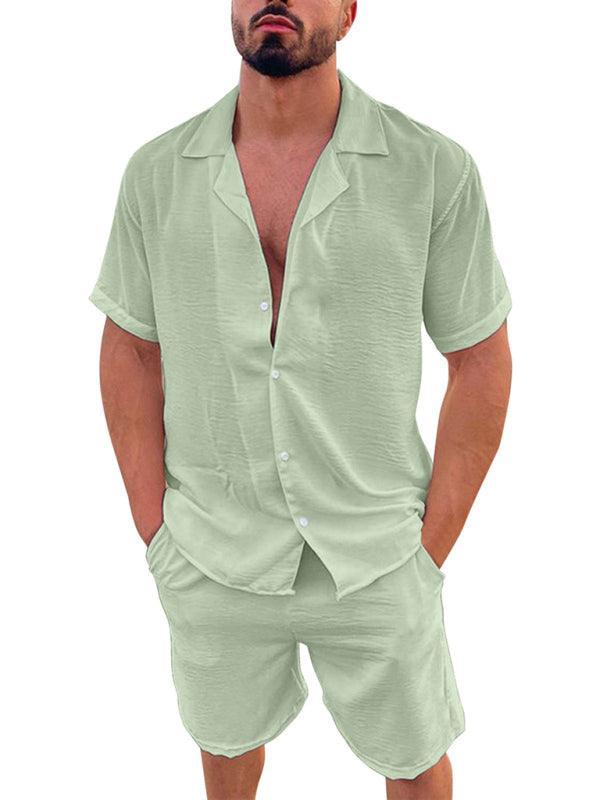 Men's Summer Lapel Cotton Linen Solid Color Short Sleeve Shorts Set - 808Lush