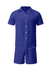 Men's Summer Lapel Cotton Linen Solid Color Short Sleeve Shorts Set - 808Lush