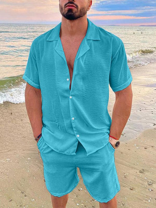 Men's Summer Lapel Cotton Linen Solid Color Short Sleeve Shorts Set - 808Lush