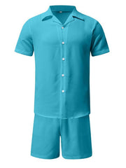 Men's Summer Lapel Cotton Linen Solid Color Short Sleeve Shorts Set - 808Lush