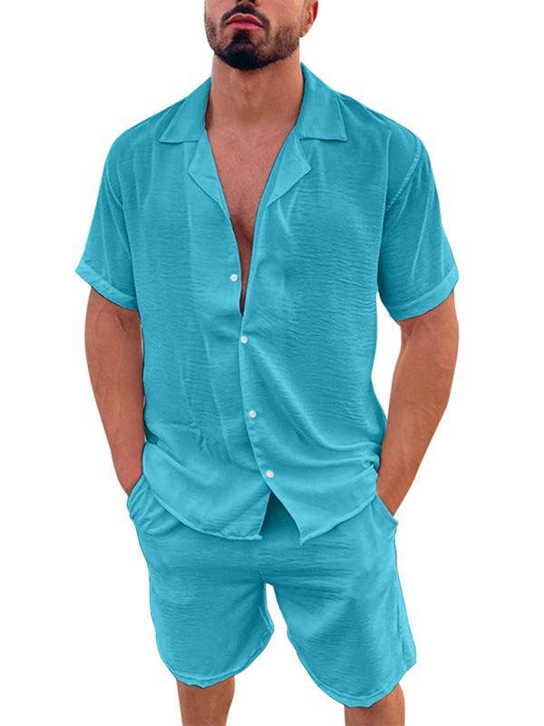 Men's Summer Lapel Cotton Linen Solid Color Short Sleeve Shorts Set - 808Lush