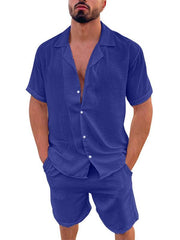 Men's Summer Lapel Cotton Linen Solid Color Short Sleeve Shorts Set - 808Lush