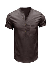 Men's Woven Casual Stand Collar Linen Short Sleeve Shirt - 808Lush