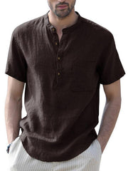 Men's Woven Casual Stand Collar Linen Short Sleeve Shirt - 808Lush