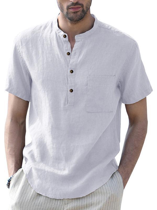 Men's Woven Casual Stand Collar Linen Short Sleeve Shirt - 808Lush