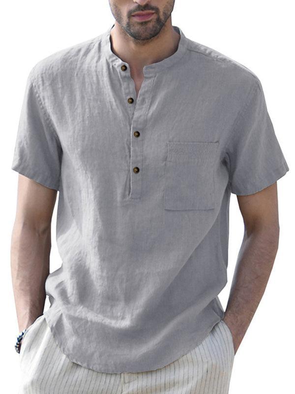 Men's Woven Casual Stand Collar Linen Short Sleeve Shirt - 808Lush