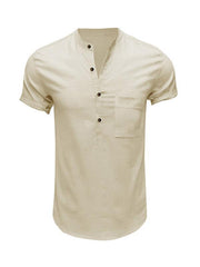 Men's Woven Casual Stand Collar Linen Short Sleeve Shirt - 808Lush