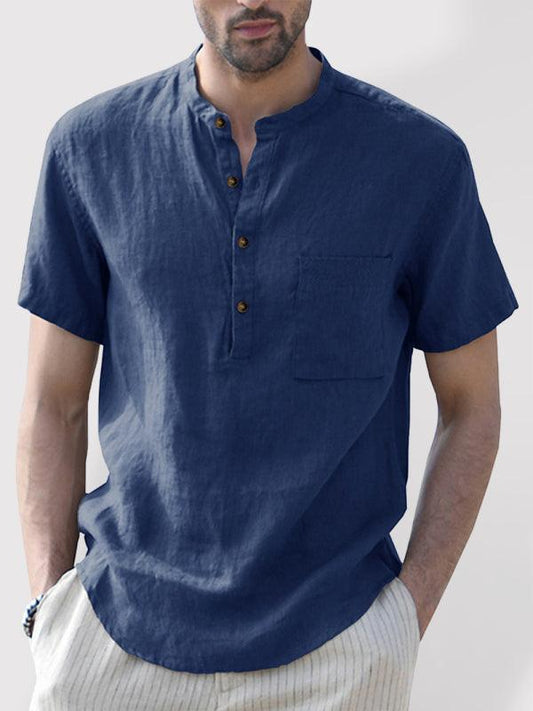 Men's Woven Casual Stand Collar Linen Short Sleeve Shirt - 808Lush