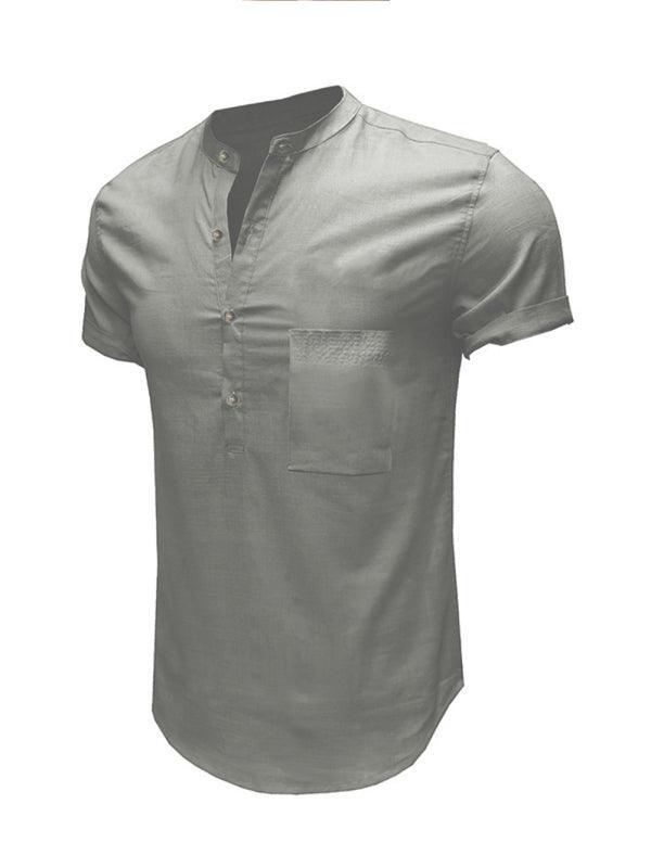 Men's Woven Casual Stand Collar Linen Short Sleeve Shirt - 808Lush