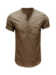 Men's Woven Casual Stand Collar Linen Short Sleeve Shirt - 808Lush