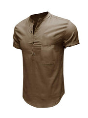 Men's Woven Casual Stand Collar Linen Short Sleeve Shirt - 808Lush