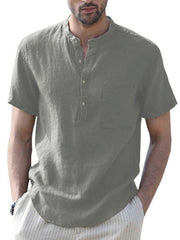 Men's Woven Casual Stand Collar Linen Short Sleeve Shirt - 808Lush