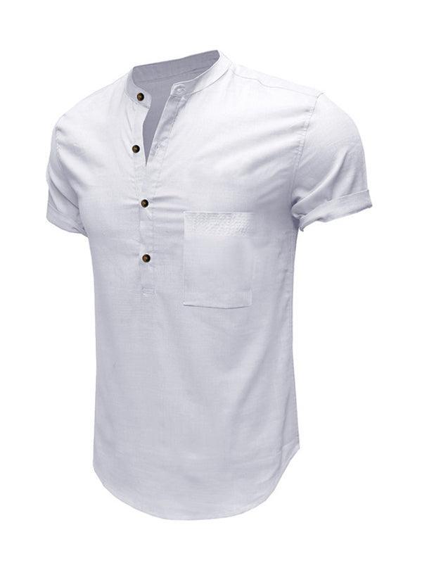 Men's Woven Casual Stand Collar Linen Short Sleeve Shirt - 808Lush