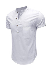 Men's Woven Casual Stand Collar Linen Short Sleeve Shirt - 808Lush