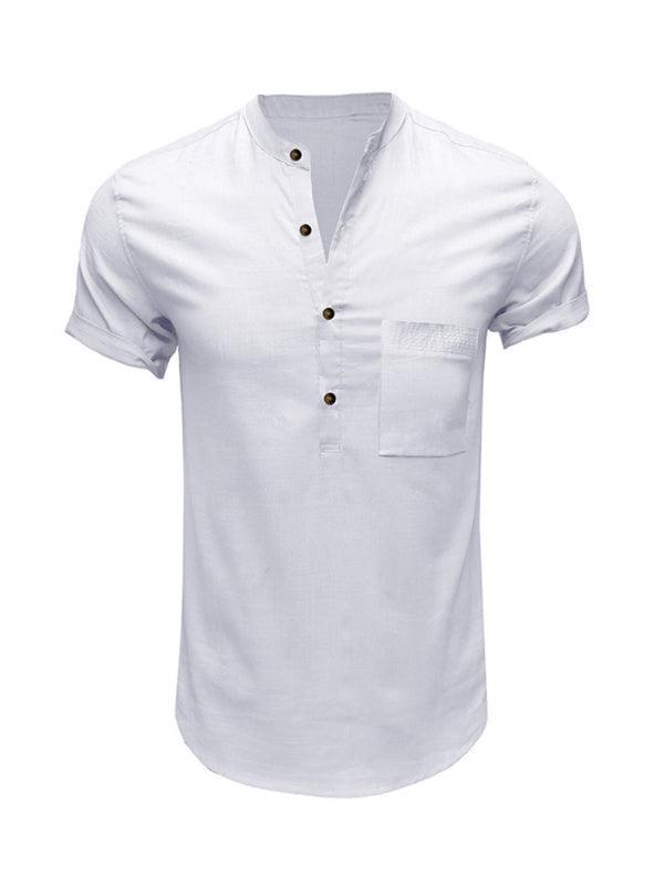 Men's Woven Casual Stand Collar Linen Short Sleeve Shirt - 808Lush