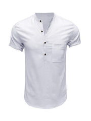 Men's Woven Casual Stand Collar Linen Short Sleeve Shirt - 808Lush