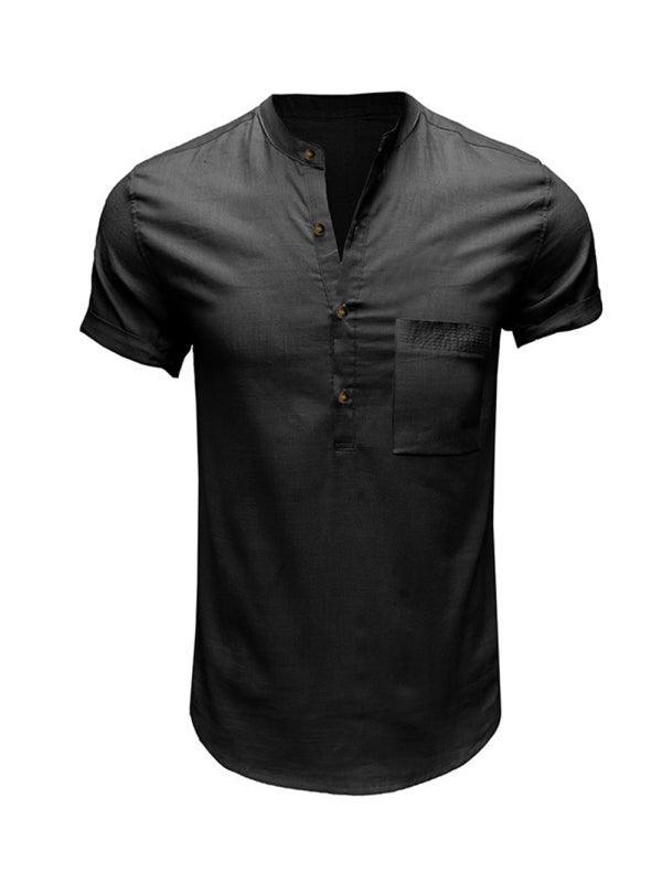 Men's Woven Casual Stand Collar Linen Short Sleeve Shirt - 808Lush