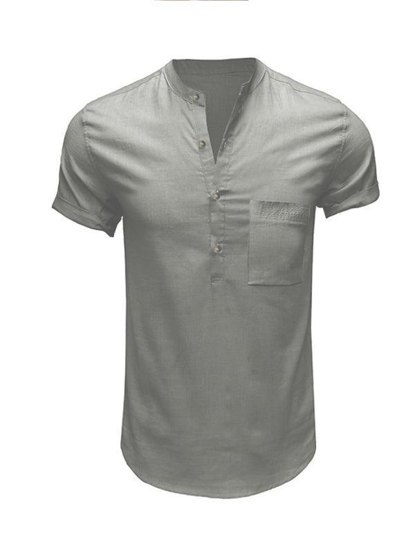 Men's Woven Casual Stand Collar Linen Short Sleeve Shirt - 808Lush