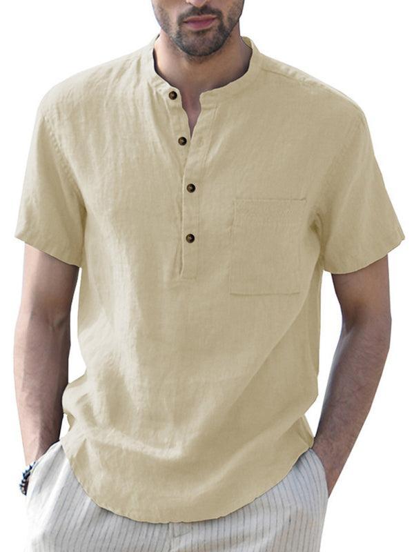 Men's Woven Casual Stand Collar Linen Short Sleeve Shirt - 808Lush