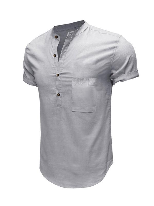 Men's Woven Casual Stand Collar Linen Short Sleeve Shirt - 808Lush