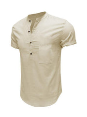 Men's Woven Casual Stand Collar Linen Short Sleeve Shirt - 808Lush