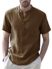 Men's Woven Casual Stand Collar Linen Short Sleeve Shirt - 808Lush