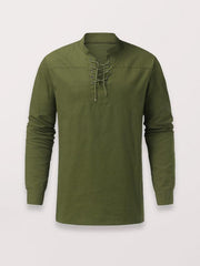 Men's Woven Retro Lace Up Casual Long Sleeve Shirt with Stand Collar - 808Lush