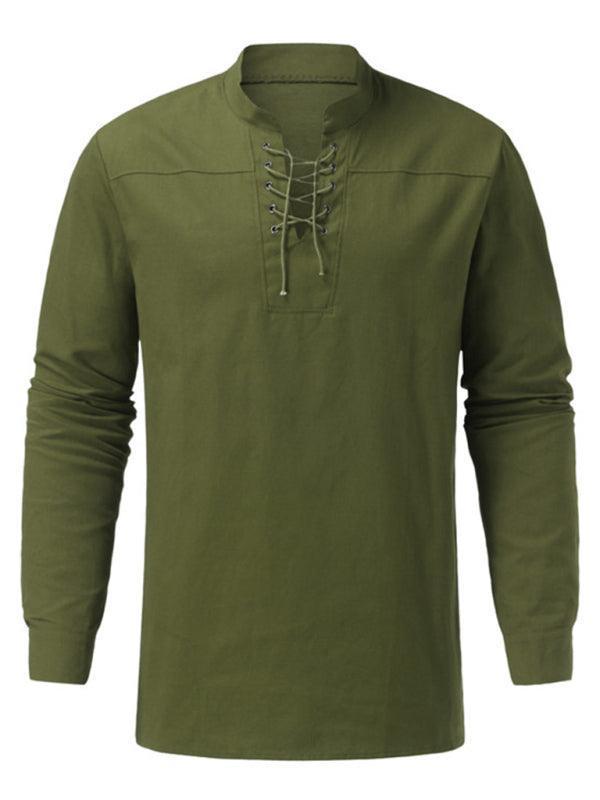 Men's Woven Retro Lace Up Casual Long Sleeve Shirt with Stand Collar - 808Lush