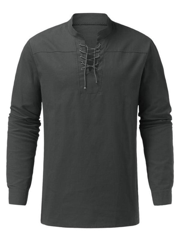 Men's Woven Retro Lace Up Casual Long Sleeve Shirt with Stand Collar - 808Lush