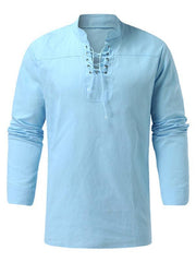 Men's Woven Retro Lace Up Casual Long Sleeve Shirt with Stand Collar - 808Lush