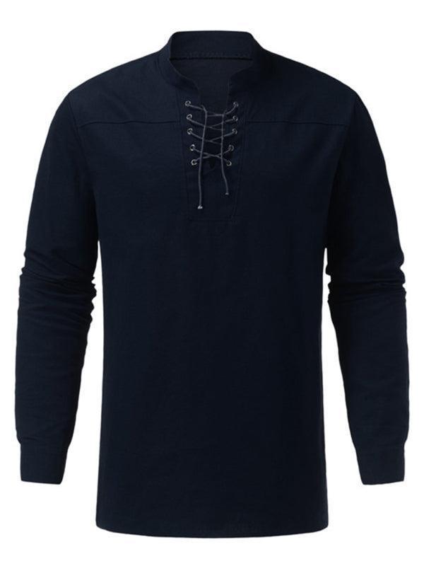 Men's Woven Retro Lace Up Casual Long Sleeve Shirt with Stand Collar - 808Lush