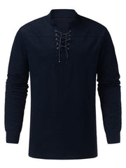 Men's Woven Retro Lace Up Casual Long Sleeve Shirt with Stand Collar - 808Lush