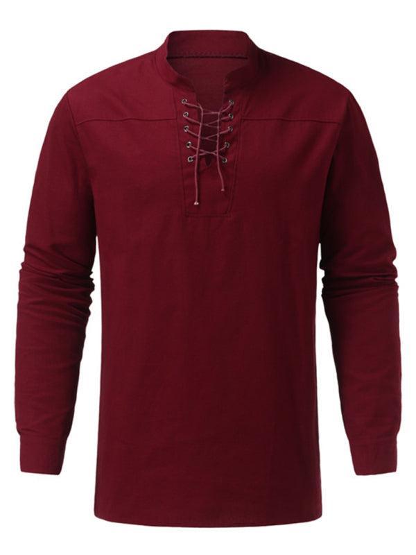 Men's Woven Retro Lace Up Casual Long Sleeve Shirt with Stand Collar - 808Lush