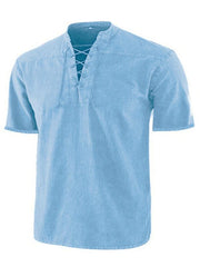 Men's Woven Retro Lace Up Collar Casual Short Sleeve Shirt - 808Lush