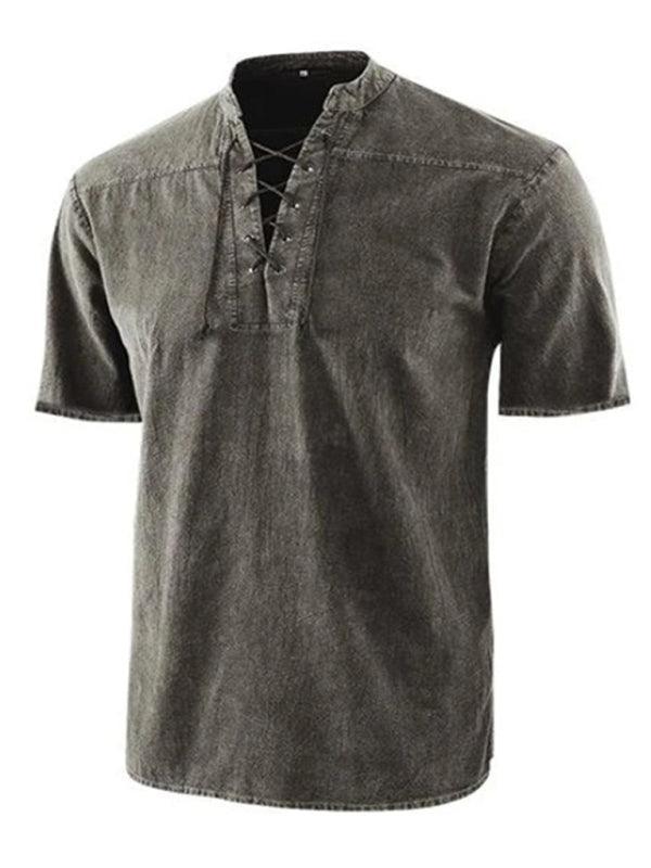 Men's Woven Retro Lace Up Collar Casual Short Sleeve Shirt - 808Lush