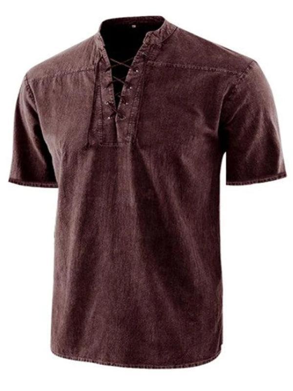 Men's Woven Retro Lace Up Collar Casual Short Sleeve Shirt - 808Lush