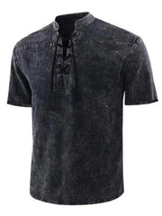 Men's Woven Retro Lace Up Collar Casual Short Sleeve Shirt - 808Lush