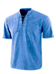 Men's Woven Retro Lace Up Collar Casual Short Sleeve Shirt - 808Lush