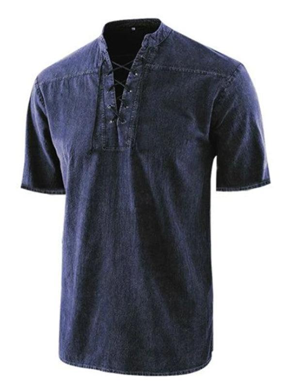 Men's Woven Retro Lace Up Collar Casual Short Sleeve Shirt - 808Lush