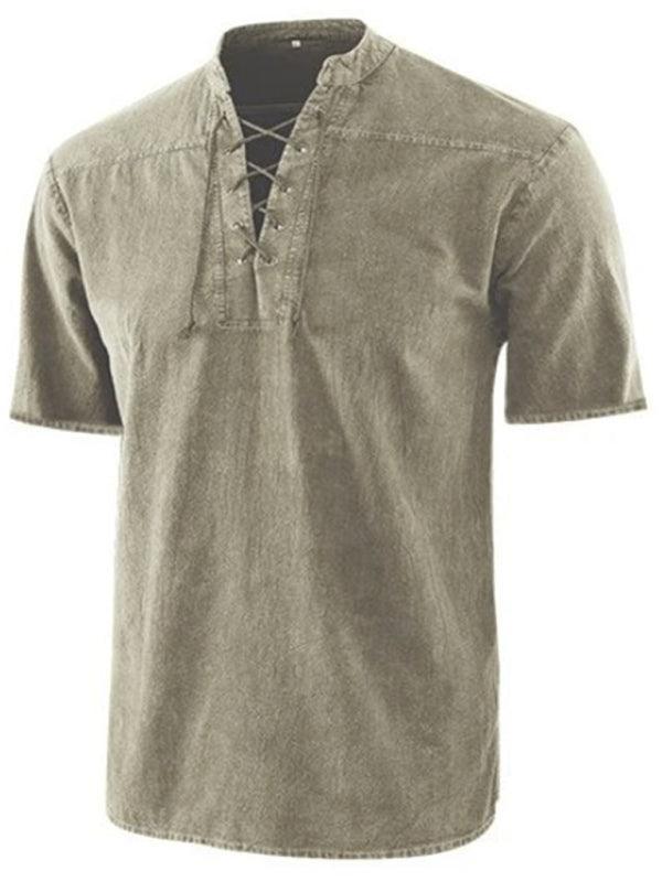 Men's Woven Retro Lace Up Collar Casual Short Sleeve Shirt - 808Lush