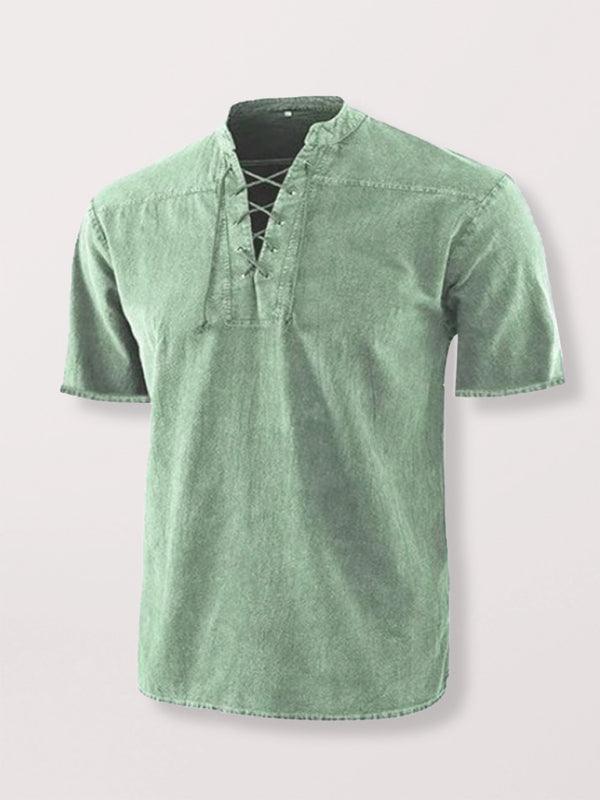 Men's Woven Retro Lace Up Collar Casual Short Sleeve Shirt - 808Lush