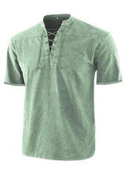 Men's Woven Retro Lace Up Collar Casual Short Sleeve Shirt - 808Lush