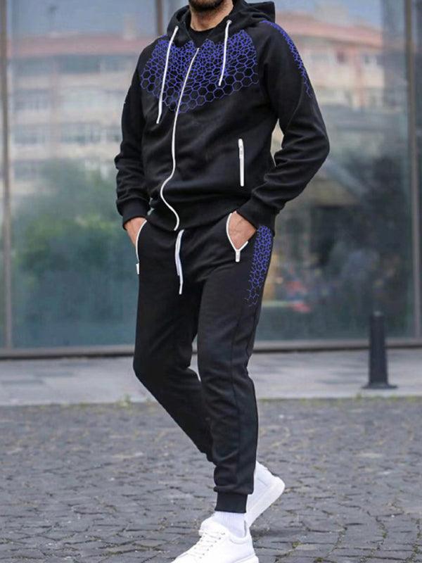 Men's Zipper Hooded Cardigan Jacket Honeycomb Print Casual Sweatshirt Trousers Set - 808Lush