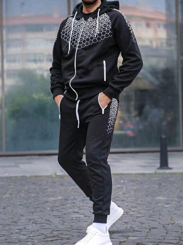 Men's Zipper Hooded Cardigan Jacket Honeycomb Print Casual Sweatshirt Trousers Set - 808Lush