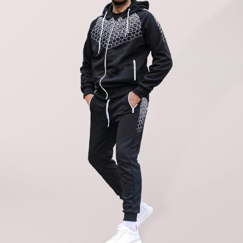 Men's Zipper Hooded Cardigan Jacket Honeycomb Print Casual Sweatshirt Trousers Set - 808Lush