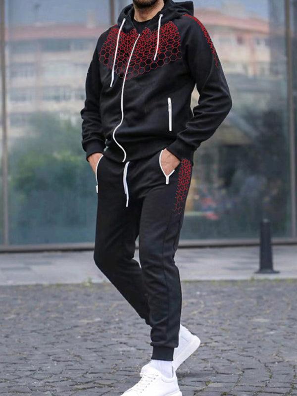 Men's Zipper Hooded Cardigan Jacket Honeycomb Print Casual Sweatshirt Trousers Set - 808Lush